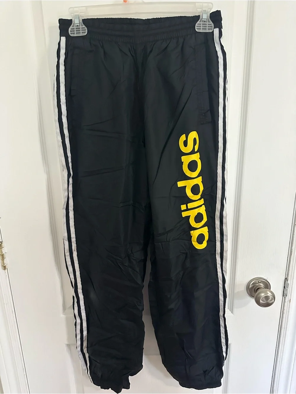adidas Black Joggers with Yellow Logo and White Stripes - Picture 1 of 2